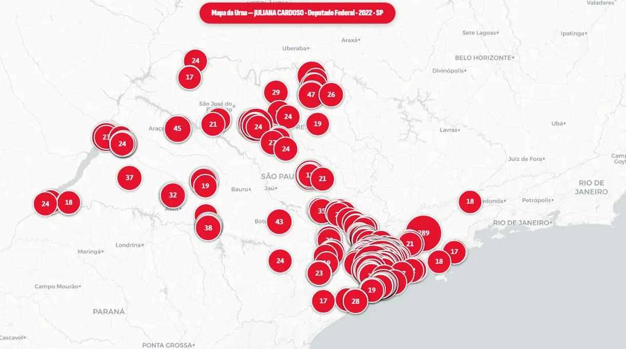 Print do Mapa da Urna Interativo em visão estadual, com clusters de votos por zona de força