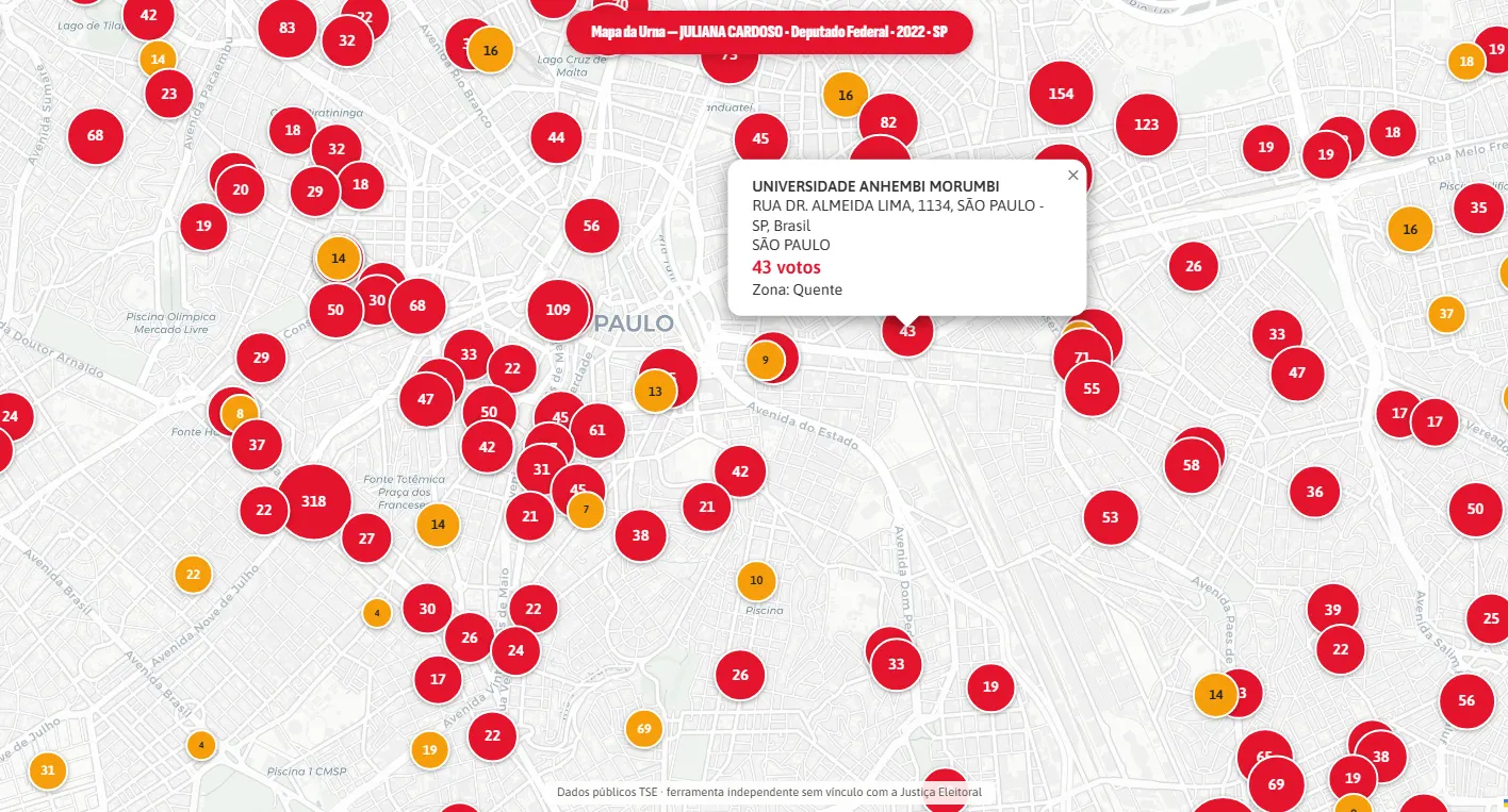Print do Mapa da Urna Interativo com zoom num núcleo de locais de votação